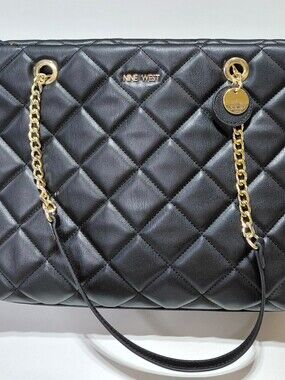 NINE WEST Women's Black Quilted Shoulder Tote with Gold Chain Accents